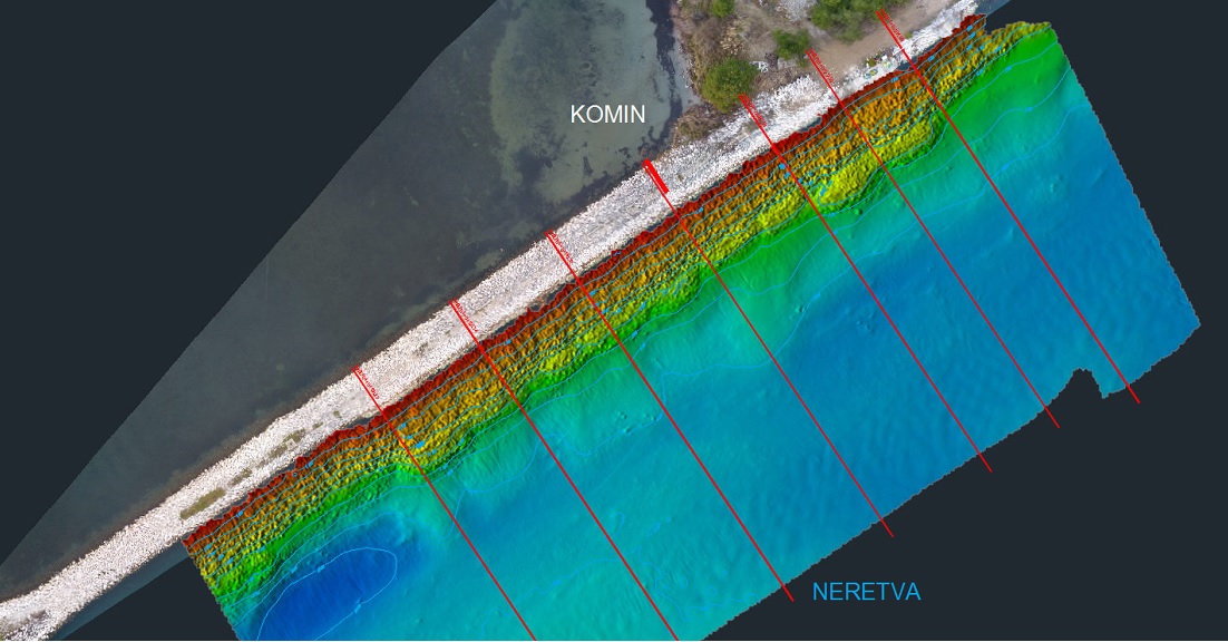 Situacija desne obale Neretve (prikaz hipsometrijskom skalom) s naznačenim kontrolnim profilima